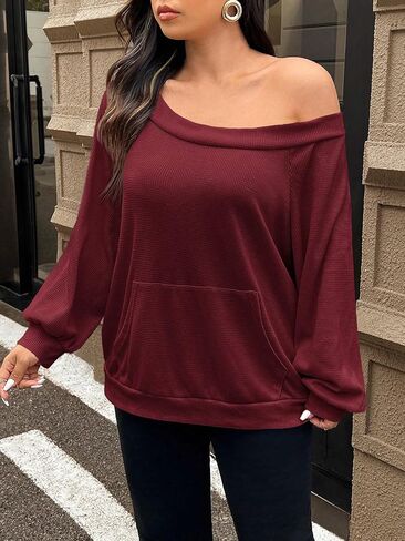 SOLY HUX Women's Plus Size Off the Shoulder Sweatshirt Long Sleeve Casual Fall Pullover Tops with Pocket in Saudi Arabia