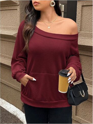 SOLY HUX Women's Plus Size Off the Shoulder Sweatshirt Long Sleeve Casual Fall Pullover Tops with Pocket in Saudi Arabia