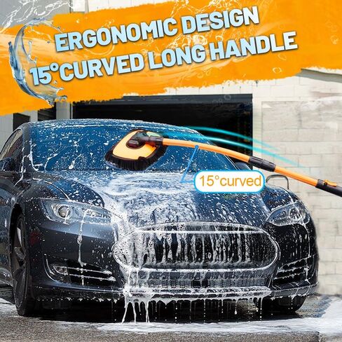 Car Wash Brush, Car Duster Exterior Scratch Free 180°Adjustable,Truck Cleaning Supplies with Ergonomic 15°Curved Extentable Pole Handle, Car Washing Equipment - Orange in Kuwait