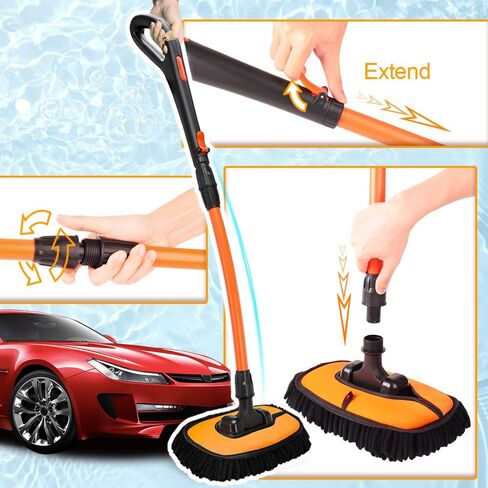 Car Wash Brush, Car Duster Exterior Scratch Free 180°Adjustable,Truck Cleaning Supplies with Ergonomic 15°Curved Extentable Pole Handle, Car Washing Equipment - Orange in Kuwait