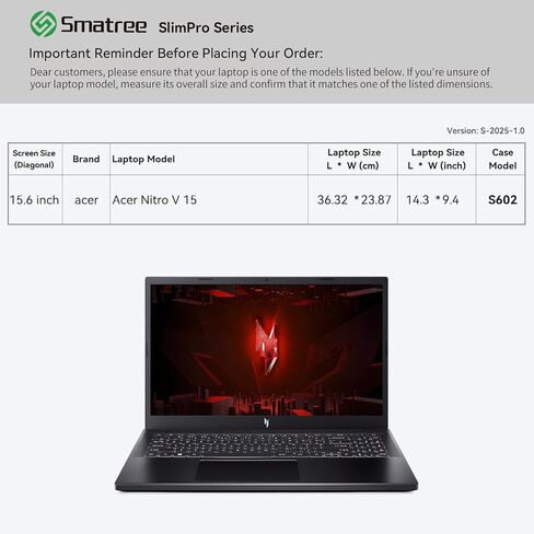 Smatree SlimPro Laptop Sleeve Case for 15.6 inch Acer Nitro V 15, Acer Laptop Case with Swift-Access Accessory Pocket, Patented Super-Corner Design (S602) in Saudi Arabia