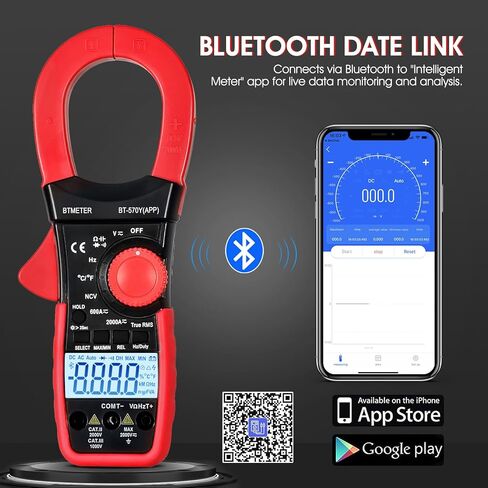 BTMETER Digital Clamp Meter Multimeter, 6000 Counts Bluetooth Multimeter, 2000A AC/DC Amp Tester, Measures Voltage, Ohms, Capacitance, Frequency, Temperature, NCV with Data Logging 570Y-APP in Saudi Arabia