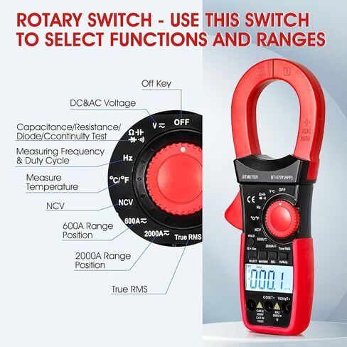 BTMETER Digital Clamp Meter Multimeter, 6000 Counts Bluetooth Multimeter, 2000A AC/DC Amp Tester, Measures Voltage, Ohms, Capacitance, Frequency, Temperature, NCV with Data Logging 570Y-APP in Saudi Arabia