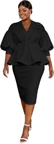 AOMEI Business Suit Sets for Women's 2 Piece Outfits V Neck Peplum Tops Floral Applique Formal Pencil Midi Skirt Suit… in Kuwait