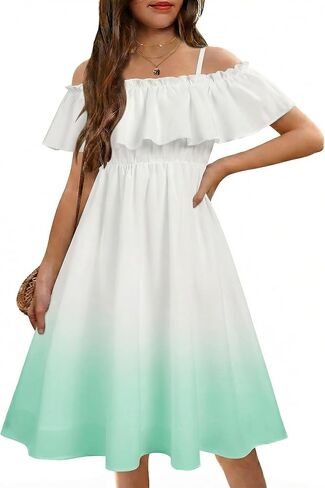 Arshiner Girls Summer Floral Ruffle Sundress Cold Shoulder Casual Holiday Dresses in Kuwait