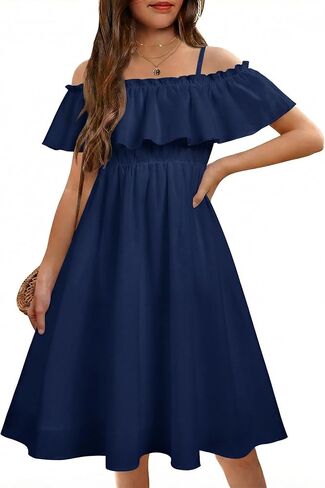 فساتين Arshiner الصيفية للفتيات ذات الكشكشة والزهور والكتف البارد للعطلات in Kuwait