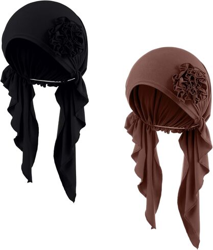 Geyoga 2 Pcs Cancer Chemo Headwear Chemo Headscarf for Women Flower Design Turban Head Wraps Pre Tied Cancer Gifts for Women(Black, Khaki) in Saudi Arabia