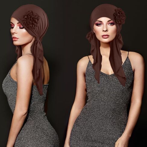 Geyoga 2 Pcs Cancer Chemo Headwear Chemo Headscarf for Women Flower Design Turban Head Wraps Pre Tied Cancer Gifts for Women(Black, Khaki) in Saudi Arabia