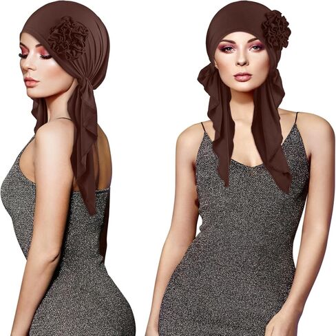 Geyoga 2 Pcs Cancer Chemo Headwear Chemo Headscarf for Women Flower Design Turban Head Wraps Pre Tied Cancer Gifts for Women(Black, Khaki) in Saudi Arabia
