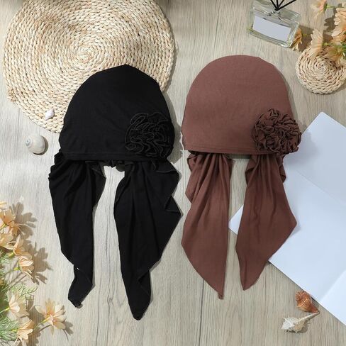 Geyoga 2 Pcs Cancer Chemo Headwear Chemo Headscarf for Women Flower Design Turban Head Wraps Pre Tied Cancer Gifts for Women(Black, Khaki) in Saudi Arabia