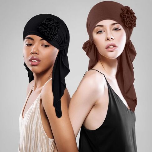 Geyoga 2 Pcs Cancer Chemo Headwear Chemo Headscarf for Women Flower Design Turban Head Wraps Pre Tied Cancer Gifts for Women(Black, Khaki) in Saudi Arabia