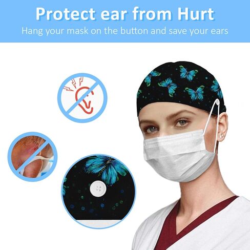 قبعات فرك للنساء على شكل ذيل حصان، قبعات جراحية قابلة للتعديل مع أزرار وعصابة رأس، قبعة منتفخة مع شعر مقصوص، قبعة ممرضة، قبعة عمل، فراشات باللون الأزرق الفيروزي العتيق باللون الأسود القديم in Saudi Arabia