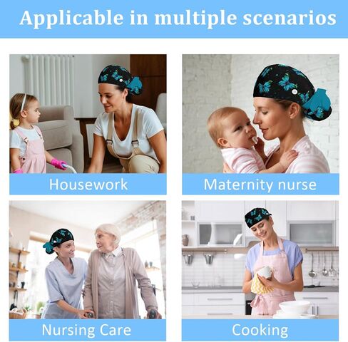 قبعات فرك للنساء على شكل ذيل حصان، قبعات جراحية قابلة للتعديل مع أزرار وعصابة رأس، قبعة منتفخة مع شعر مقصوص، قبعة ممرضة، قبعة عمل، فراشات باللون الأزرق الفيروزي العتيق باللون الأسود القديم in Saudi Arabia