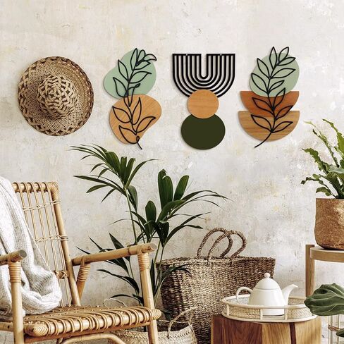 Wenqik Set of 3 Boho Wall Art Decor 3D Wood & Metal Abstract Geometric Wall Hangings Sculpture 15 x 6in Sage Green Beige Terracotta Minimalist Botanical Artwork for Home Decor Gallery Living Room in Saudi Arabia