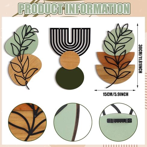 Wenqik Set of 3 Boho Wall Art Decor 3D Wood & Metal Abstract Geometric Wall Hangings Sculpture 15 x 6in Sage Green Beige Terracotta Minimalist Botanical Artwork for Home Decor Gallery Living Room in Saudi Arabia