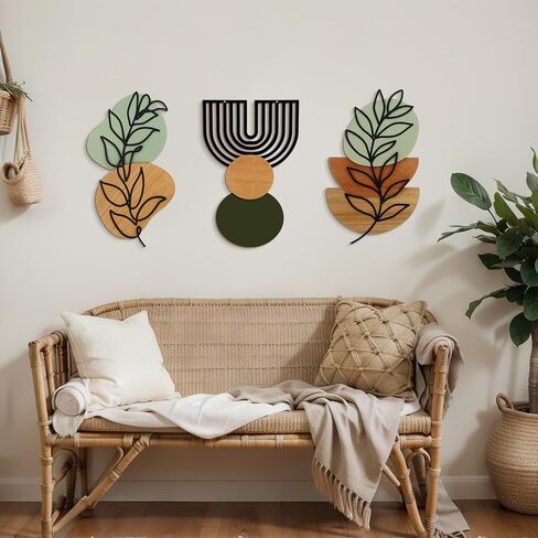 Wenqik Set of 3 Boho Wall Art Decor 3D Wood & Metal Abstract Geometric Wall Hangings Sculpture 15 x 6in Sage Green Beige Terracotta Minimalist Botanical Artwork for Home Decor Gallery Living Room in Saudi Arabia
