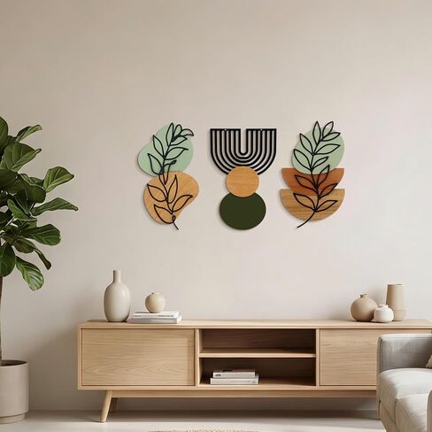 Wenqik Set of 3 Boho Wall Art Decor 3D Wood & Metal Abstract Geometric Wall Hangings Sculpture 15 x 6in Sage Green Beige Terracotta Minimalist Botanical Artwork for Home Decor Gallery Living Room in Saudi Arabia