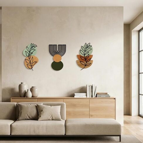 Wenqik Set of 3 Boho Wall Art Decor 3D Wood & Metal Abstract Geometric Wall Hangings Sculpture 15 x 6in Sage Green Beige Terracotta Minimalist Botanical Artwork for Home Decor Gallery Living Room in Saudi Arabia
