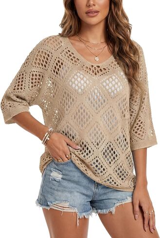 سترة نسائية كروشيه خفيفة الوزن ورقبة على شكل حرف V بوهو مجوفة منسوجة سترة كاجوال كبيرة الحجم لتغطية الشاطئ لربيع وصيف in Kuwait