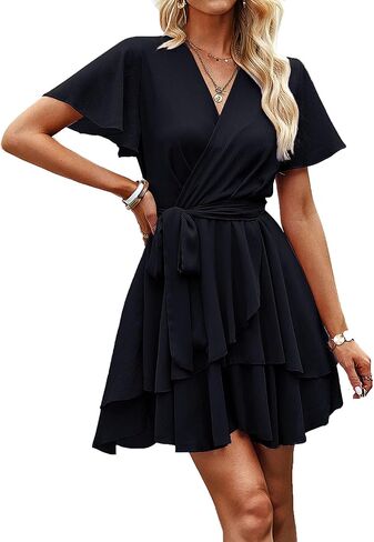 Krumba Short Sleeve Women Dress: V-Neck Ruffle Tie Waist Pleated Mini - Casual Wear for Wedding Guest Beach Summer Party Trip in Saudi Arabia