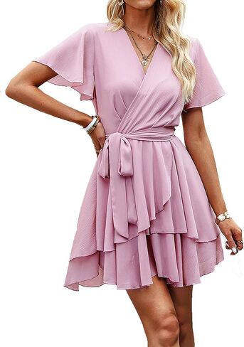 Krumba Short Sleeve Women Dress: V-Neck Ruffle Tie Waist Pleated Mini - Casual Wear for Wedding Guest Beach Summer Party Trip in Saudi Arabia