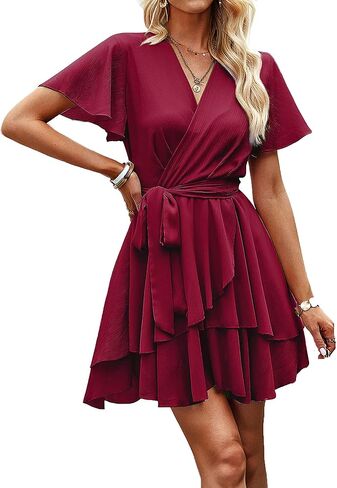 Krumba Short Sleeve Women Dress: V-Neck Ruffle Tie Waist Pleated Mini - Casual Wear for Wedding Guest Beach Summer Party Trip in Saudi Arabia