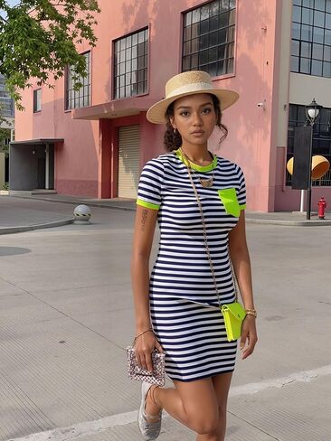 Women's Crew Neck Short Sleeve Striped Bodycon T-Shirt Mini Dress with Pocket in Saudi Arabia