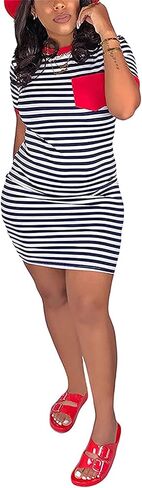 Women's Crew Neck Short Sleeve Striped Bodycon T-Shirt Mini Dress with Pocket in Saudi Arabia