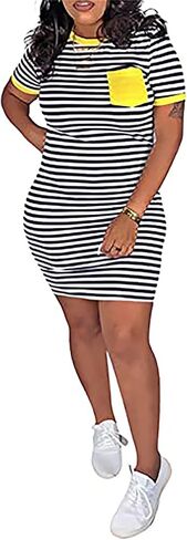Women's Crew Neck Short Sleeve Striped Bodycon T-Shirt Mini Dress with Pocket in Saudi Arabia