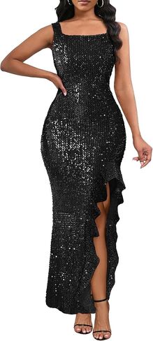 VERWIN Sleeveless Square Neck Spaghetti Strap Ruffle Sparkly Casual Party Cocktail Evening Bodycon Maxi Sequins Dress in Saudi Arabia