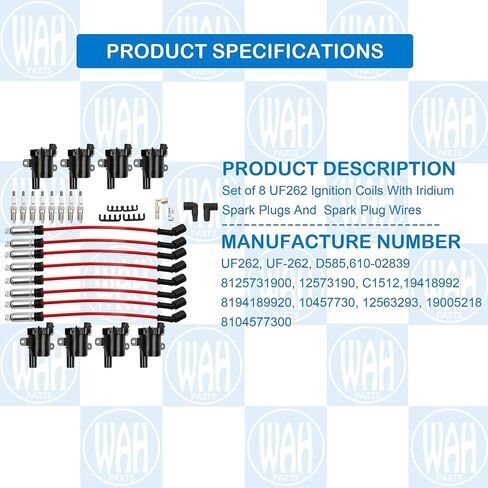 UF262 Ignition Coils Pack And Iridium Spark Plugs With Spark Plug Wires Chevy Avalanche Express Silverado Suburban GMC Savana Sierra 1500 2500 3500 HD Yukon Cadillac Escalade Hummer H2 in Kuwait
