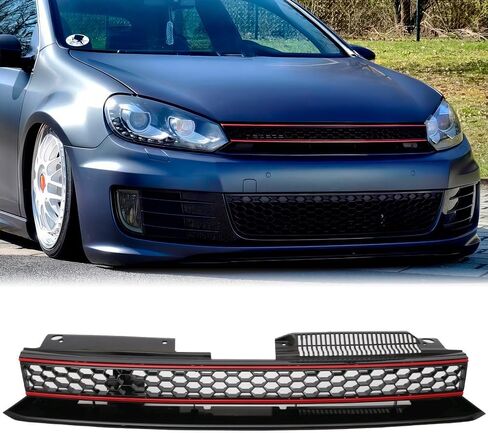Honeycomb Grille, Compatible with 2010-2014 Volkswagen Golf 6 MK6, ABS Plastic GTI Style Front Bumper Upper Grill Grid Replacement Guard, Black W/Red Trim in Kuwait