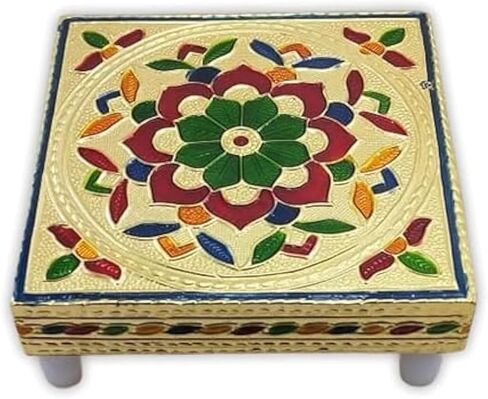 Small Wooden Pooja Chowki for Home Temple – 5 x 5 Inch Meena Chauki Patla Bajot, Golden Finish Worship Platform for Idols, Puja, Diwali & Spiritual Gift in Saudi Arabia