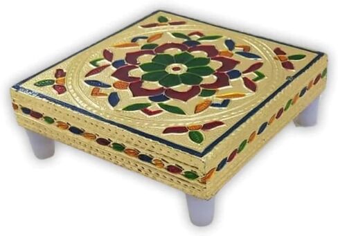 Small Wooden Pooja Chowki for Home Temple – 5 x 5 Inch Meena Chauki Patla Bajot, Golden Finish Worship Platform for Idols, Puja, Diwali & Spiritual Gift in Saudi Arabia