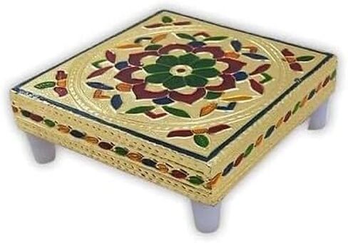 Small Wooden Pooja Chowki for Home Temple – 5 x 5 Inch Meena Chauki Patla Bajot, Golden Finish Worship Platform for Idols, Puja, Diwali & Spiritual Gift in Saudi Arabia