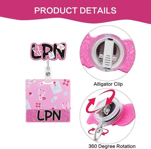 LPN Badge Reel with Buddy Pink Glitter Licensed Practical Nurse Badge Reel Retractable LPN Gifts for Nurses in Kuwait
