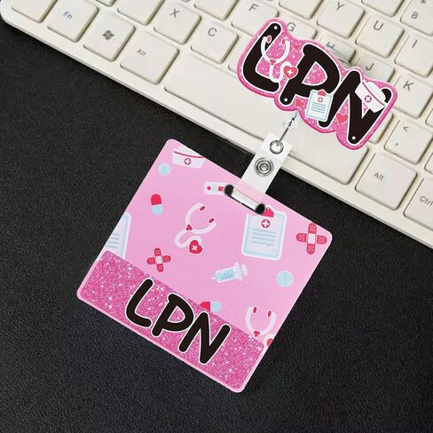 LPN Badge Reel with Buddy Pink Glitter Licensed Practical Nurse Badge Reel Retractable LPN Gifts for Nurses in Kuwait