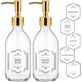8 oz Clear Glass Pump Bottle, 250ml Small Lotion Dispenser Bottle for Body Massage Oil, Refillable Empty Hand and Dish Soap Dispensers Set with Plastic Silver Pump, Labels - 2 Pack in Saudi Arabia