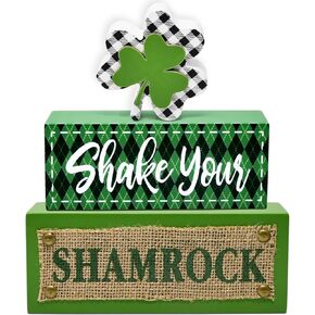 St Patricks Day Decorations Wooden Tabletop Block Sign – Rustic Shake Your Shamrock Tiered Tray Decor for Home, Office, Shelf Display in Kuwait