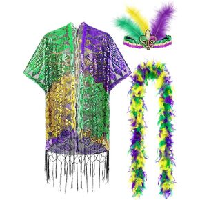 Jansun Mardi Gras Costume Accessory Outfit Set Shawl Feather Headband Boa Long Poncho Cape for Mardi Gras Party Favor in Kuwait