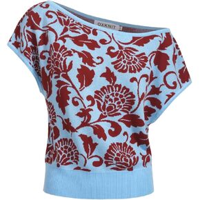 OXKNIT Knit Off The Shoulder T-Shirt for Women, Retro Florals Pattern Ribbed Blue Tops Tee Shirts- Short Size in Kuwait