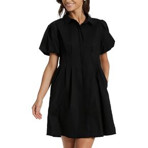 D-Sun Women's Short Puff Sleeve Shirt Dress Button Down Pleated Mini Dress Casual Short Dresses in Kuwait