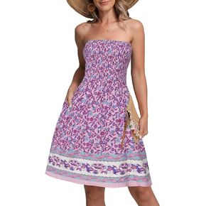 Women Strapless Boho Floral Smocked Dress Tube Top Cover Ups Mini Sundress with Pockets in Kuwait