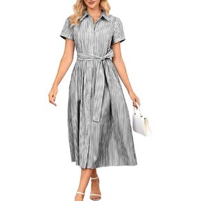 ebossy Women's Boho Striped Shirt Dress Short Sleeve Tie Waist Button Up Loose Mid Long Dress with Pockets in Saudi Arabia