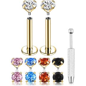 18G Internal Thread Multiple Colors CZ Studs 316L Surgical Steel Flat Back Stud Earrings for Women Cartilage Tragus Conch Labret Lip Medusa Monroe Piercing Jewelry, 6/8MM in Kuwait