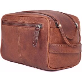 حقيبة أدوات الزينة من الجلد الطبيعي للرجال - طقم دوب رجالي كبير مقاس 10 بوصة ومنظم حقيبة الحلاقة - طقم أدوات العناية بحقيبة الحمام للسفر باللون البني العتيق، هدية مثالية للرجال والنساء in Kuwait