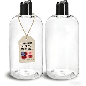 ljdeals 16 oz Clear Plastic Empty Bottles with Black Disc Top Caps, Refillable Containers for Shampoo, Lotions, Cream and More, BPA Free, Pack of 2, Made in USA in Kuwait