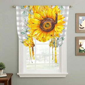 Yellow Sunflower Tie Up Curtains for Window, Watercolor Eucalyptus Leaves Plaid Thermal Insulated Balloon Shade Adjustable Rod Pocket Curtains Valance Panels for Kitchen Bathroom Café 34'' x 45'' in Saudi Arabia