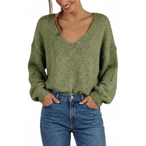 Womens V Neck Slouchy Knit Sweater Relaxed Fit Soft Lightweight Bohemian Pullover Top in Saudi Arabia