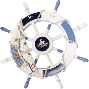 ديكور حائط على شكل عجلة سفينة بحرية من WENDIN، 18 بوصة، أبيض وفيروزي، موضوع الشاطئ مع أصداف بحرية وشبكة سمك (نورس 18 بوصة) in Kuwait
